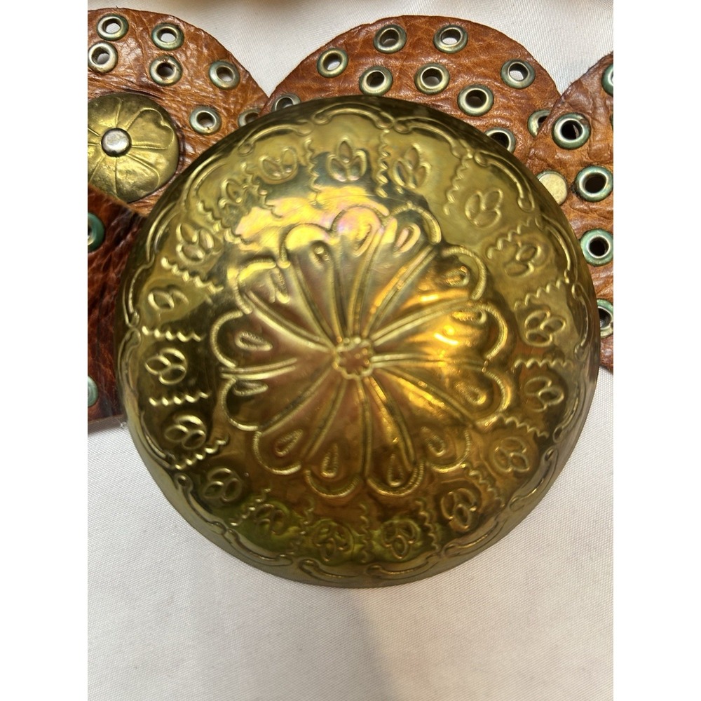 VTG Authentic 60s Morocco Brass Leather Wide Disc Boho Hippie Concho Belt 40" - Picture 2 of 5